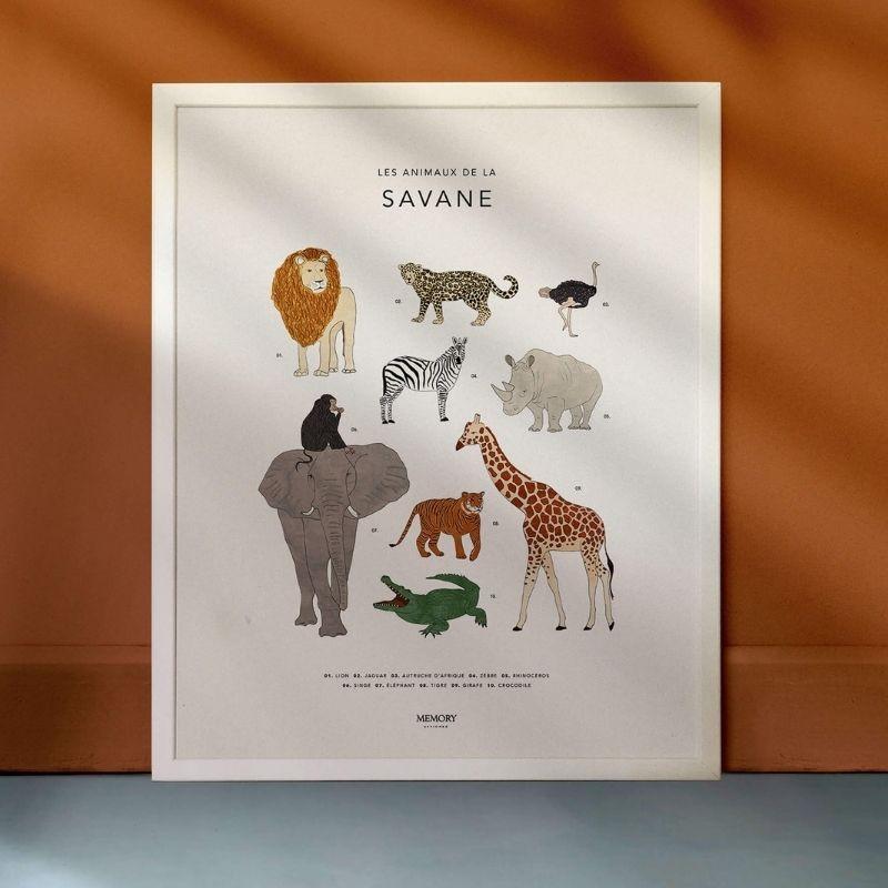 L'affiche «Les animaux de la savane» - memory Affiches